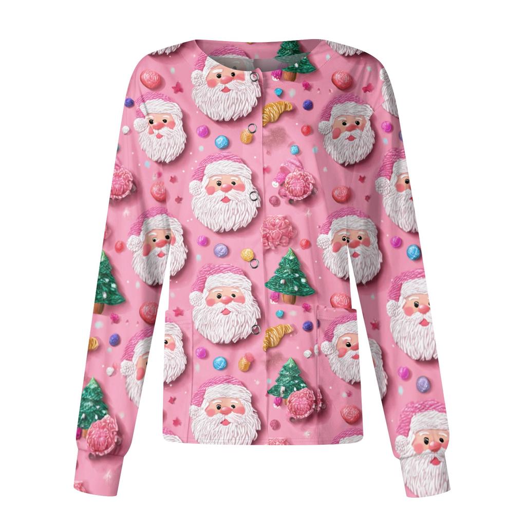 Women's Christmas-printed Casual Long-sleeved Single-breasted Work Uniform Cardigan