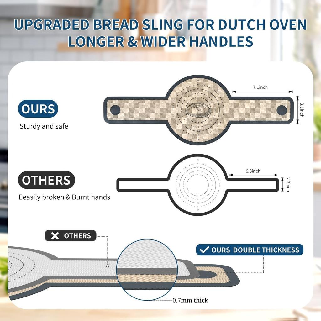 2 Pcs Silicone Bread Sling for Dutch Oven Liners Silicone Baking Mat [Non-Stick & Heat Resistant] Reble Sourdough Bread Baking Supplies with Long