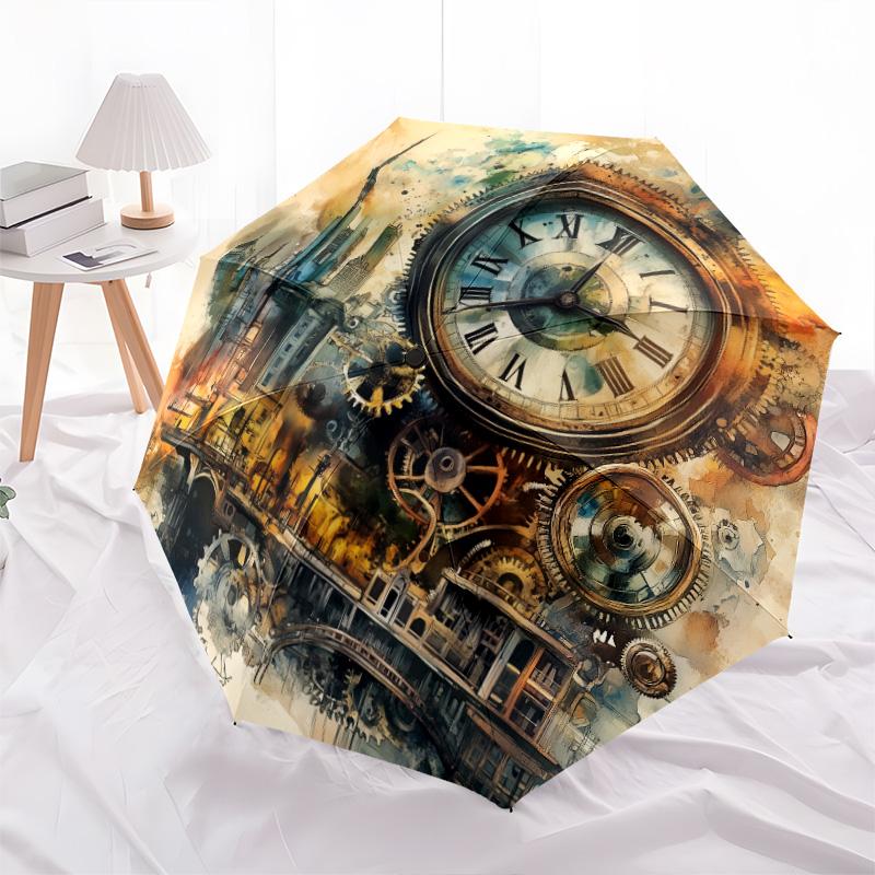 Steampunk  pattern, automatic folding umbrella, portable and foldable design, 8 ribs, a Christmas or birthday gift.
