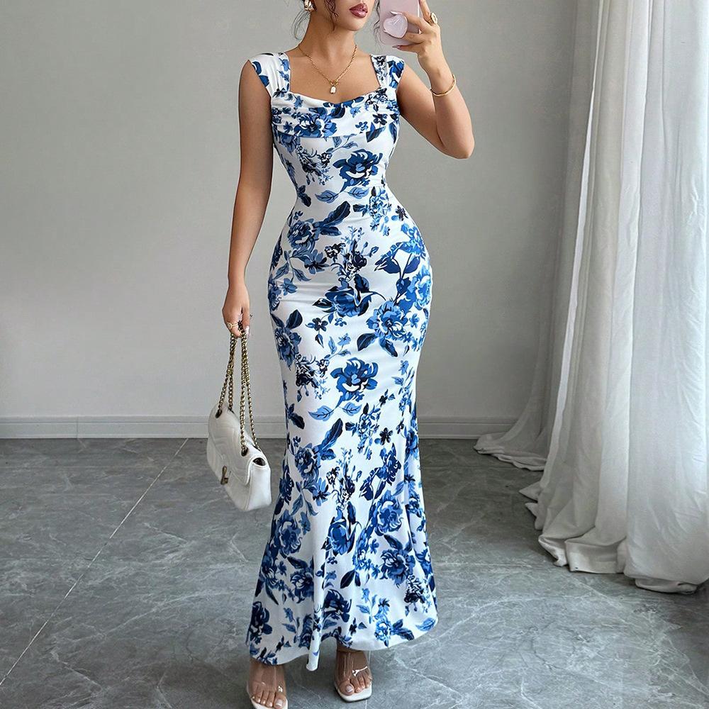 2026 Primavera Estate Nuovo Dolce Fresco Vita Alta Stampato Nodo Cravatta Vestito Donna Dimagrante Stile Vacanza Lungo Vestito