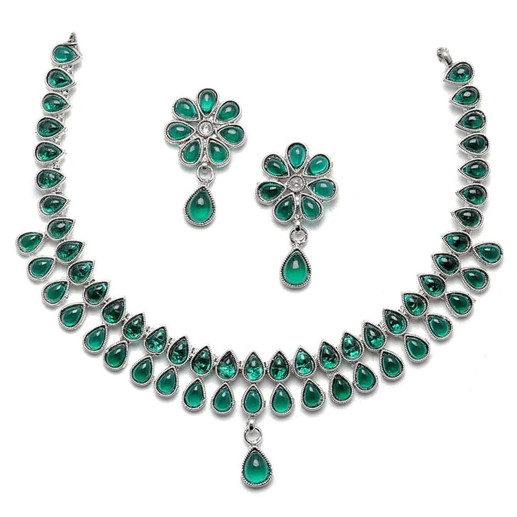 Oxidised  Pear Shaped American Diamond Studded Necklace Earrings Jewellery Set for Girls and Women