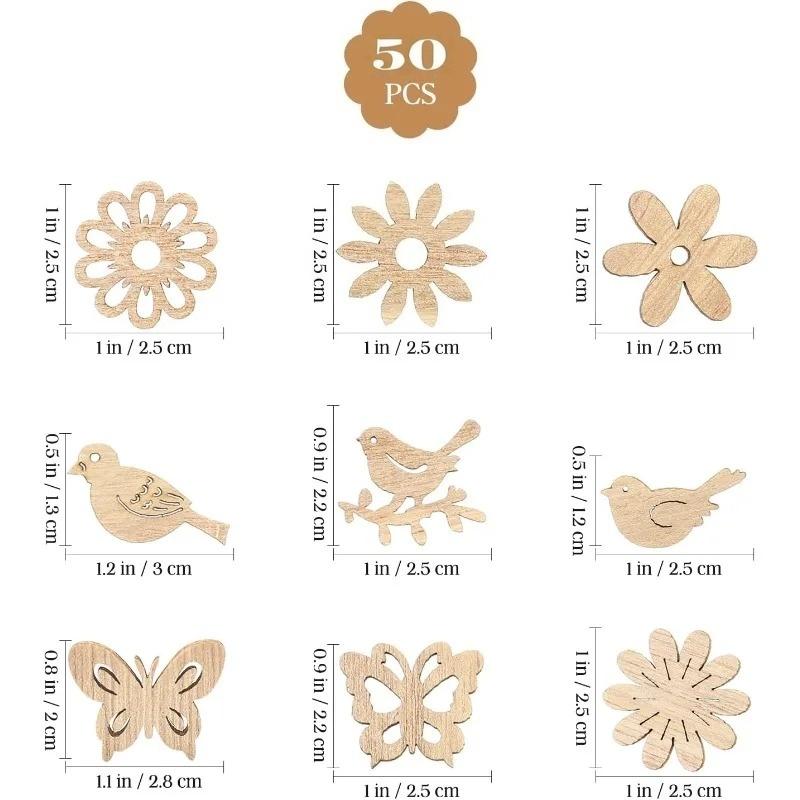 50pcs Wooden Cutouts Table Confetti Rustic Decoration Ornaments Wood Bird Butterfly Flower Slices Wooden Embellishments