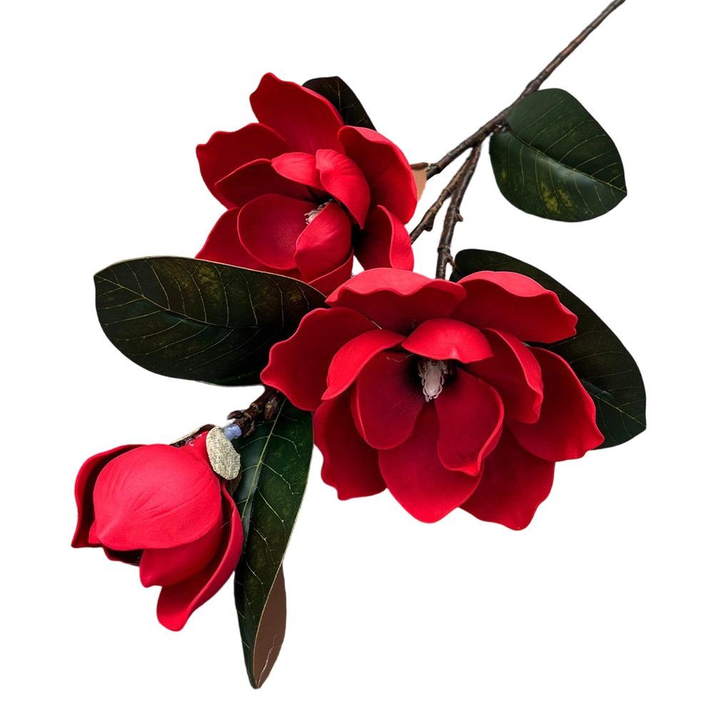 Multicolor Artificial Magnolia Flower EVA Real Touch Green Leaves Magnolia Simulation Flower DIY 3 Heads Faux Flower красный