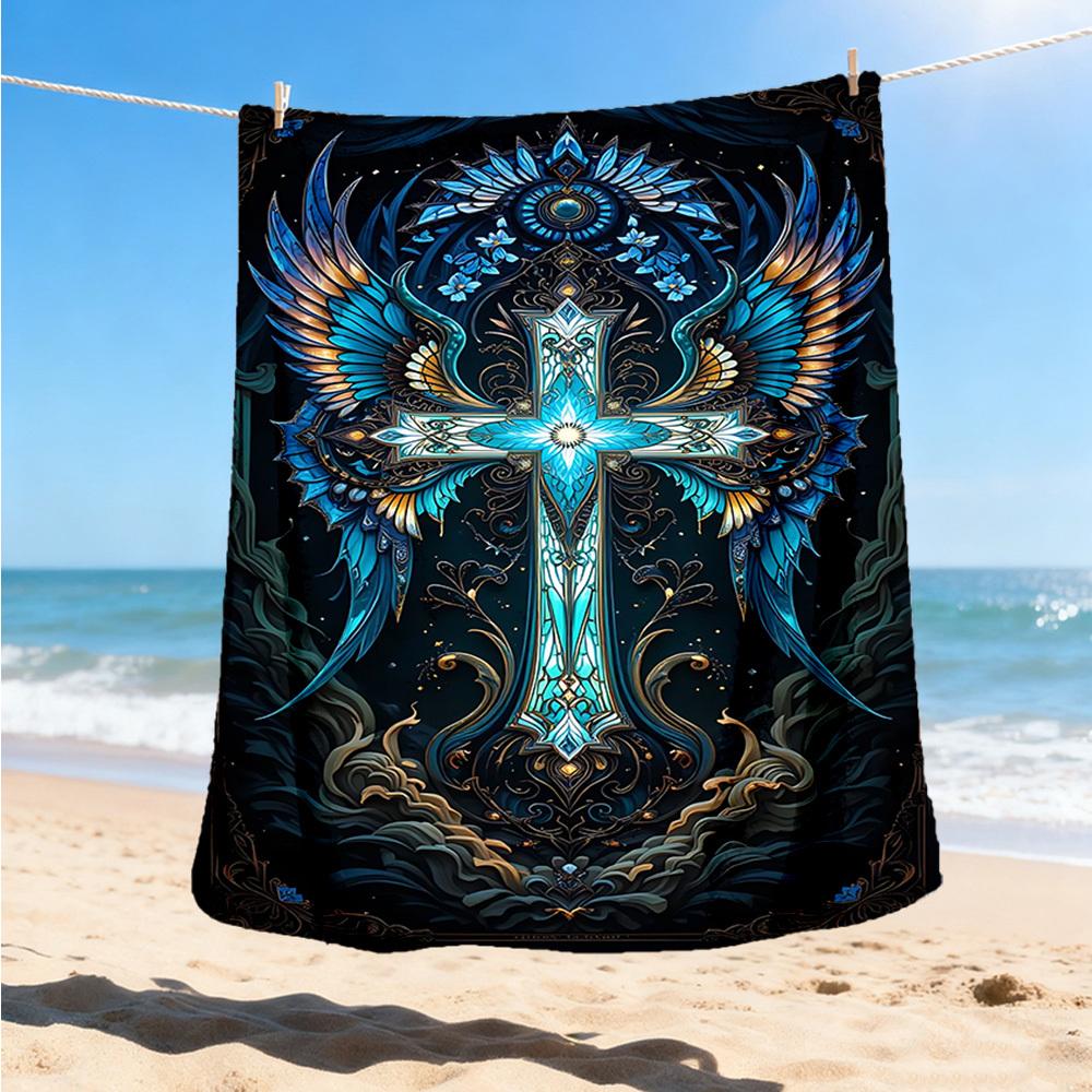1pc Cross Ornament Throw Blanket Polyester Fiber, Lightweight Flannel, Soft & Warm, All Season Use for Outdoor, Camping Digital Print