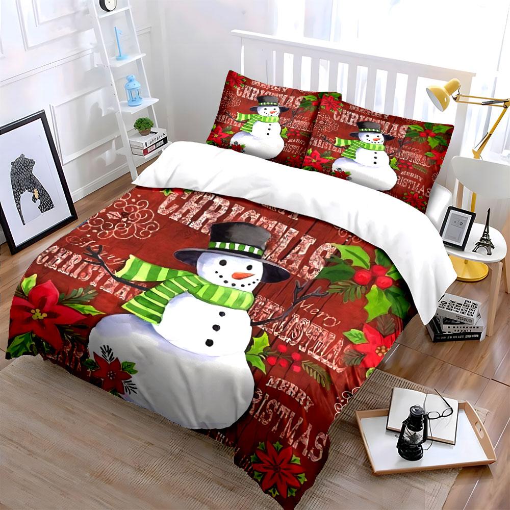 Snowman and Christmas Flowers Bedding Duvet Cover Set Duvet Cover Pillowcases (1*Duvet Cover 2*Pillowcases, Without Duvet Insert)
