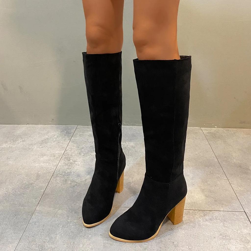 Foreign Trade Coarse Heel 2025 Skinny Suede Over Knee Boots Women's Side Zipper High Heel Long Tube Fashion Boots