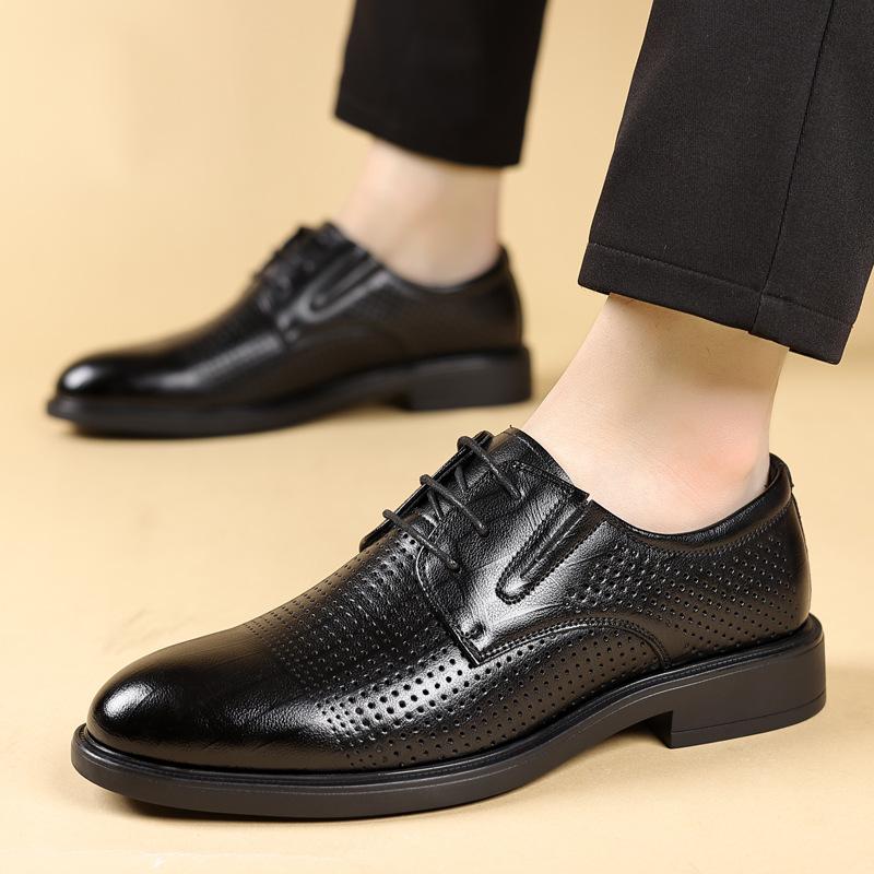 Leather shoes men's 2025 new summer breathable hollow hole business leisure inner height increase lace-up men's shoes