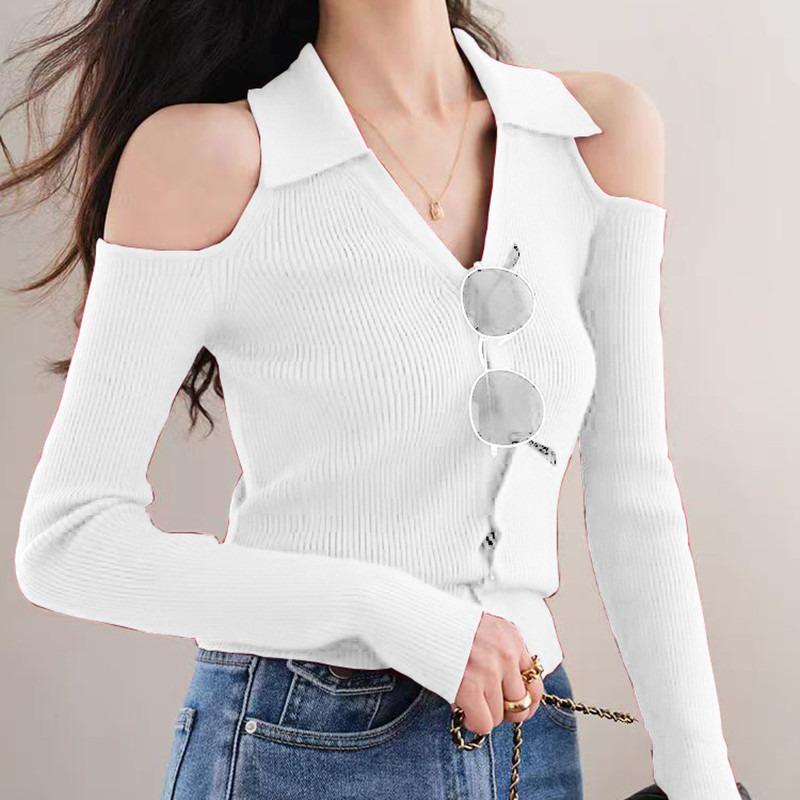 2025 New Elegant Off Shoulder Cardiagn Women Sweater Long Sleeve Slim Fit Fashion V-neck Knitted Top Solid Color Fall Fashion Sexy Knitwear Clothes