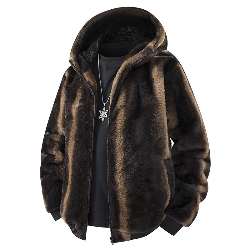 Men's Autumn and Winter Stand-up Collar Fleece Casual Jacket Plus Velvet Hooded Leopard Cardigan Fashion European and American Loose Plush Jacket