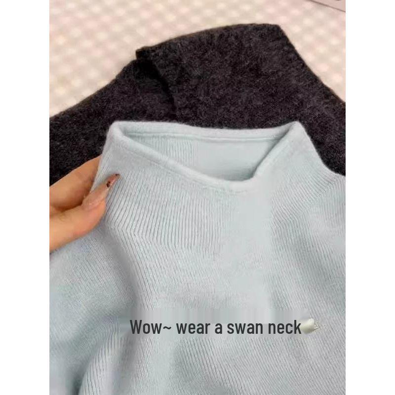 Women's Soft Milk Color Knitted Slim-Fit Sweater, Semi-High Neck, Long-Sleeved, Autumn Design.