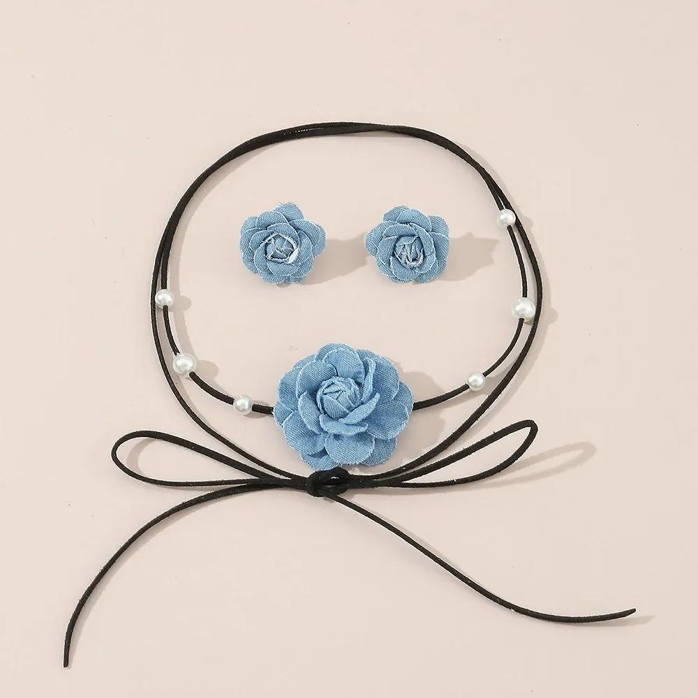 Blue Denim Flower Choker Necklace & Earrings Set for Women, Lace-up Rope Chain Fashion Jewelry