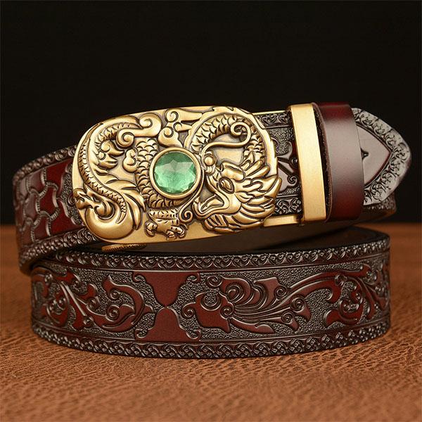 Belt Genuine Leather Belt for Men Carving Flower Pattern Gold Automatic Buckle Belt Strap for Jeans