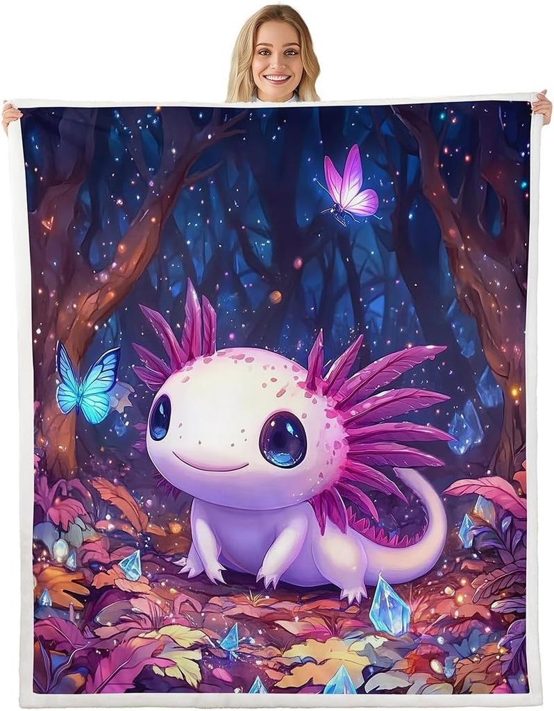 Cute Pink Axolotl Blanket Soft Fleece Throw Cherry Blossom Design Fantasy Art Kids Room Decor