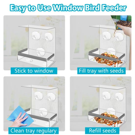 Kitchen Window Acrylic Hanging Wild Bird Feeder House with Strong Suction Cups Flat Roof for Outside Bluejay Chickadee