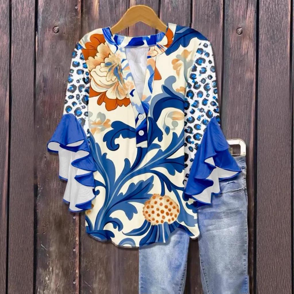 2026 European Floral Print V-neck Lace T-shirt for Women