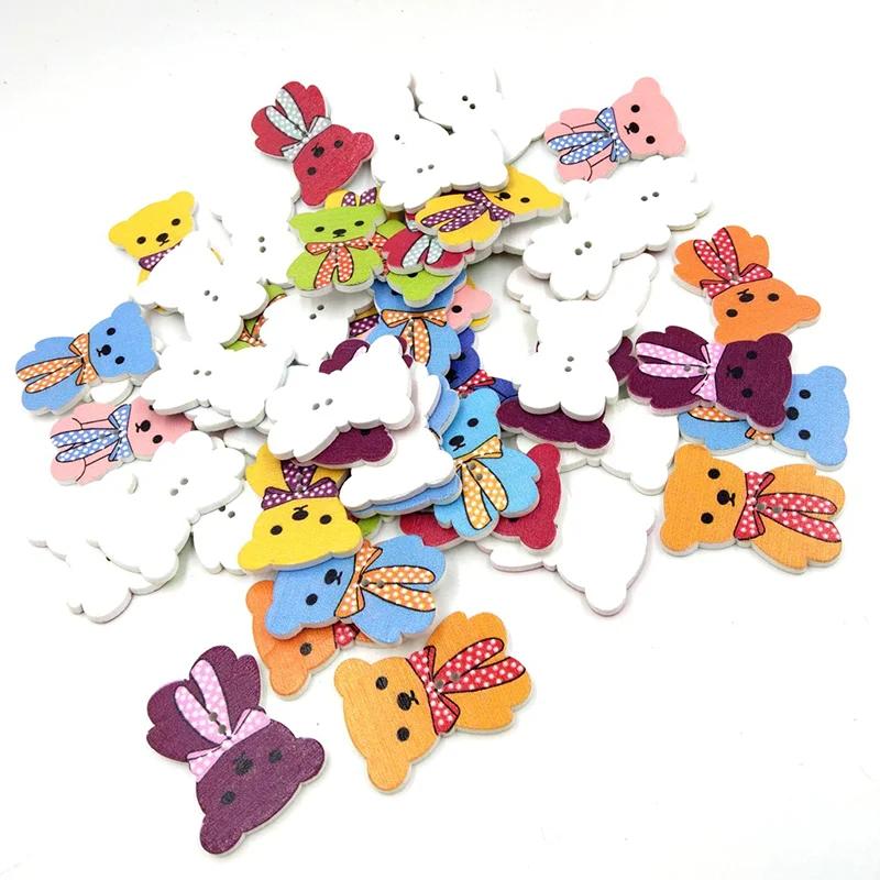 50pcs Bear DIY Wood Crafts Natural Wooden Buttons Cute Cartoon Kindergarten Child Clothing Accessories Toy Decorations Handmade