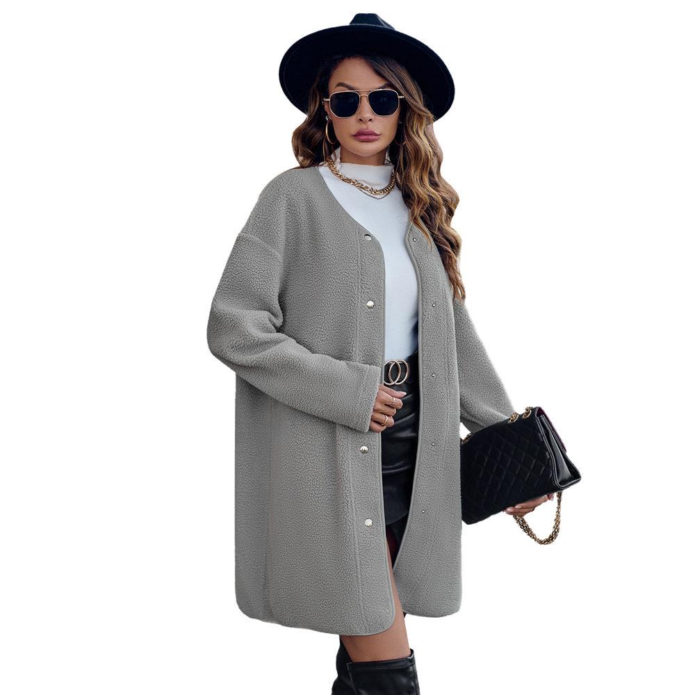 Women's Round Neck Coat Casual Fleece Coat Vintage Solid Color Long Sleeve Single Breasted for Office Party