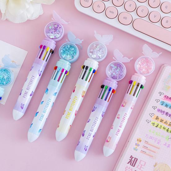 Cartoon Ausziehbarer Kugelschreiber Niedlicher Schmetterling Fließender Glitzerstift Mehrfarbige Nachfüllmine Lustiges Schulmaterial Kreatives Geschenk für Schüler Kinder