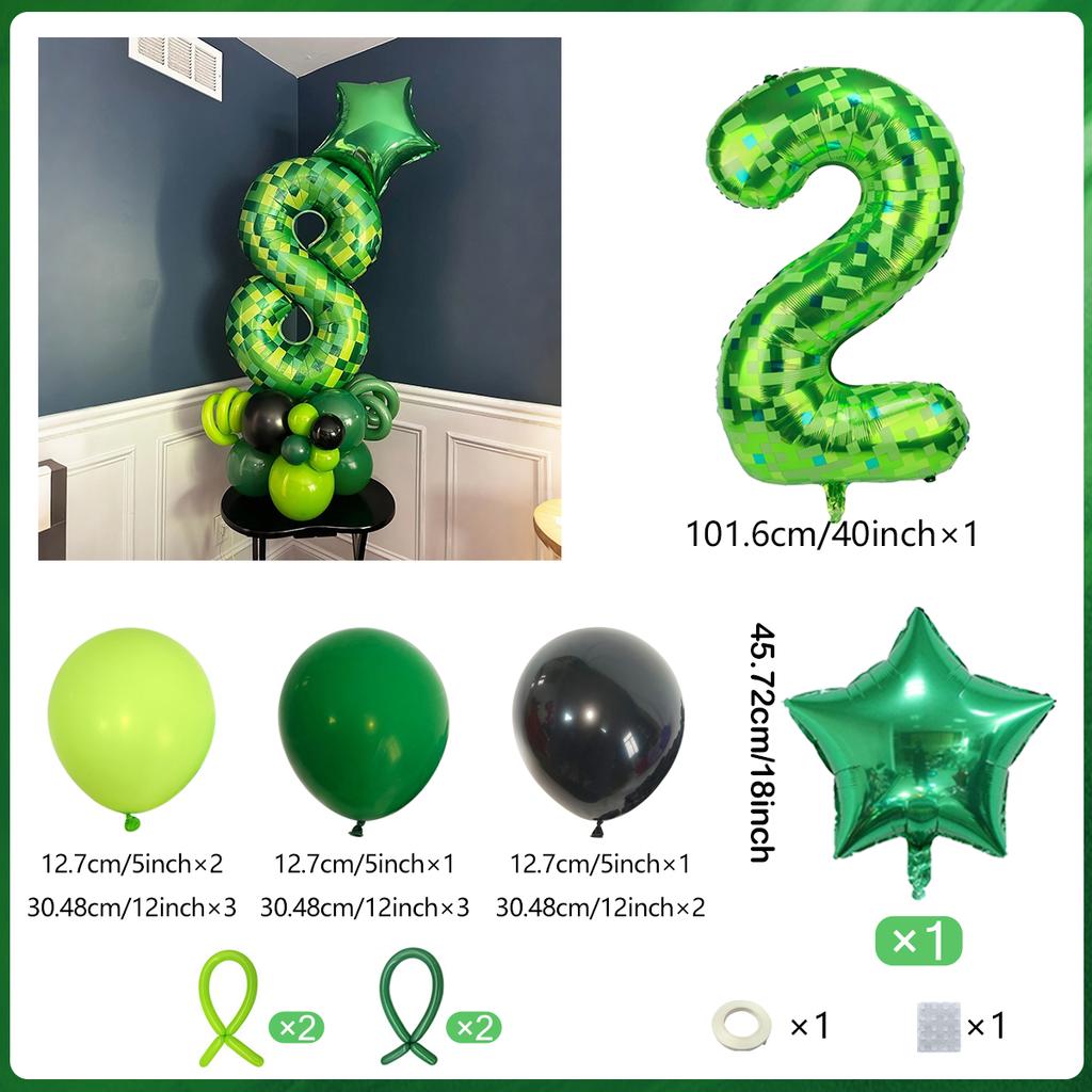 40 inch green pixel digital balloon set (0-9) pentagram aluminum foil balloons for decorating boys and girls' birthday parties