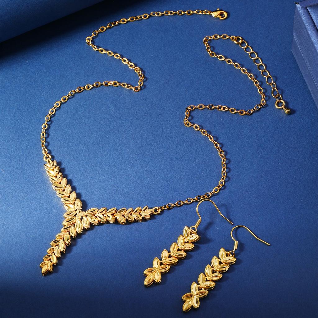 Middle East Fashion Elegant High Grade Copper Wheat Ear Pattern Fashion Women's Jewelry Set, 1 Necklace and 1 Pair of Earrings