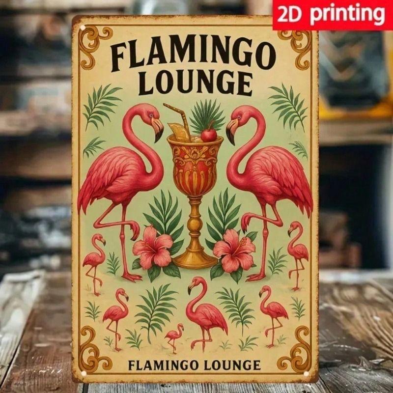 Metal Poster Wall Art Retro Pink Flamingo Vinyl Sign for Bar
