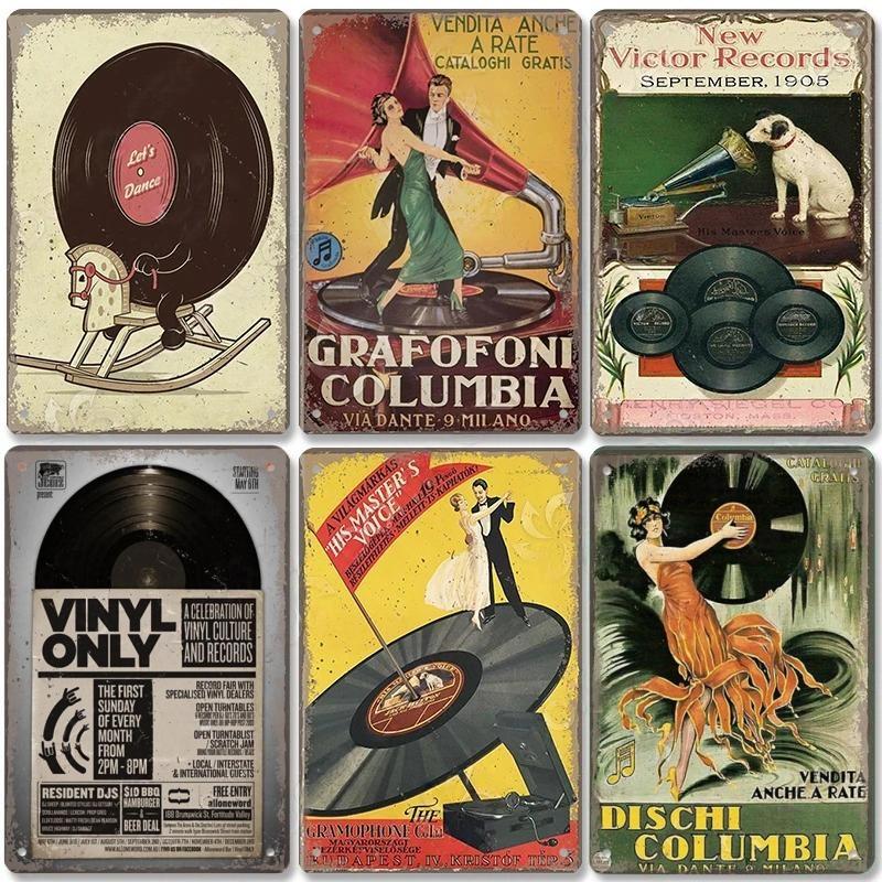 Vintage Kovové Plechové Značky Retro Hudební Plakáty Vinylová Deska Gramofon Kovová Plaketa Nástěnná Dekorace pro Kavárnu Bar Klub