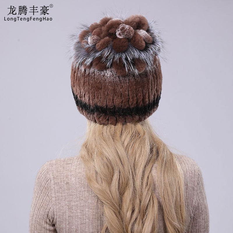 New Rex Rabbit Hair Hat Women's Winter Thickened Warm Fashion Versatile Elastic Fur Woven Hand-sewn Knitted Hat