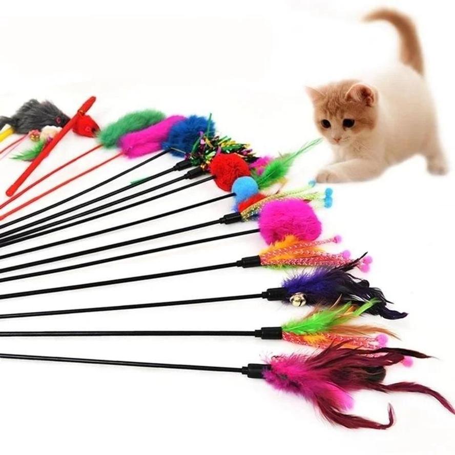 5 Pcs Kitten Pet Cat Teaser Turkey Feather Interactive Fun Toy Wire Chaser Wand + Bell Pet Products Cat Toys Interactive