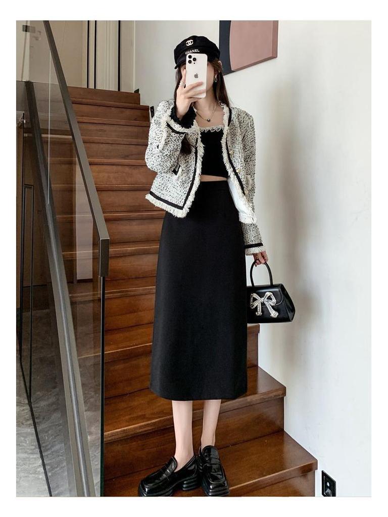 Women's 2025 Autumn Wool High-Waisted Mid-Length Pencil Skirt with Slit