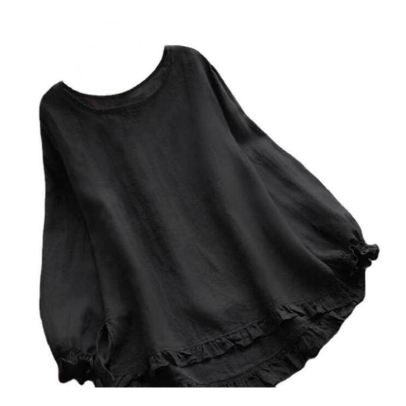 Women's Spring Solid Color Loose Ruffle Round Neck Blouse Long Sleeve Comfortable Pullover Top