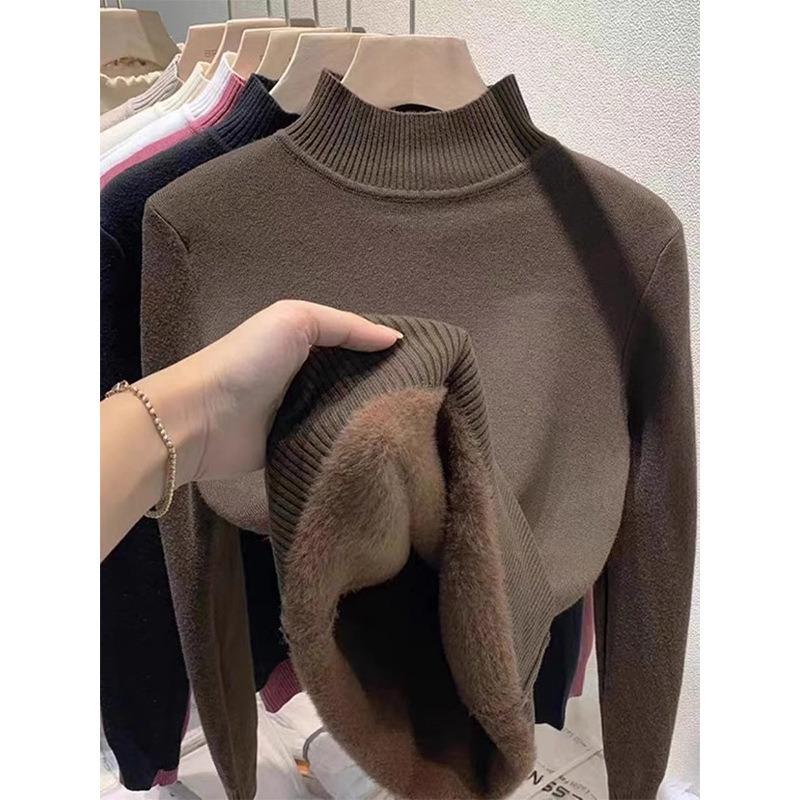 Winter integrated velvet thickened turtleneck knitted bottoming shirt women's warm inner top soft waxy basic sweater