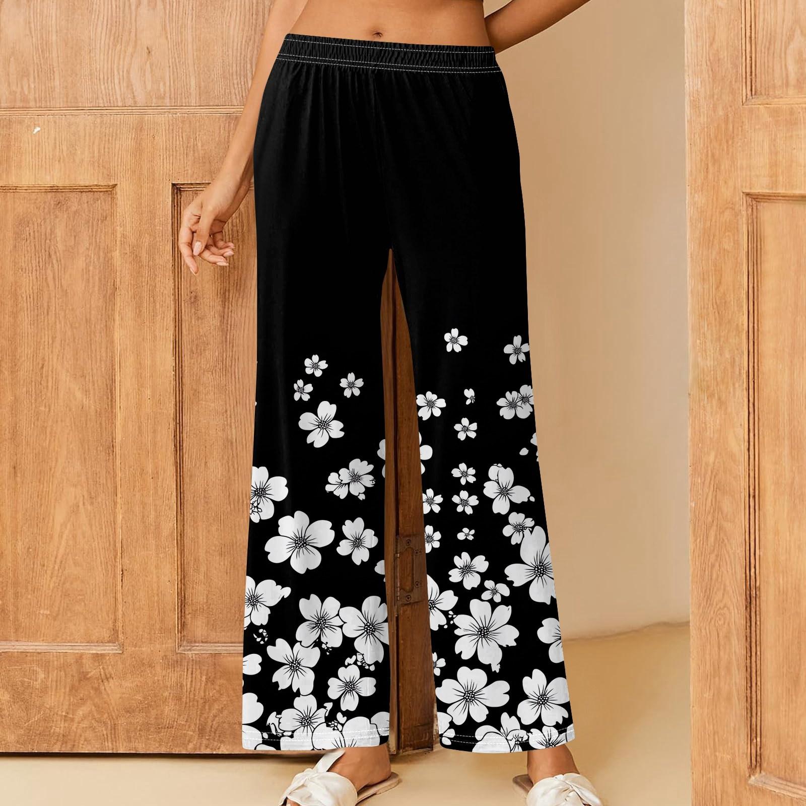 

Женские повседневные брюки прямого кроя с эластичным поясом и принтом L чёрный