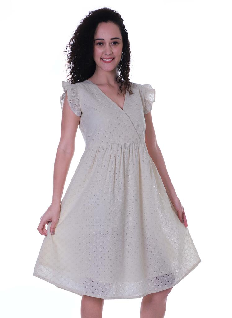 Moomaya Schiffli Dress Frill Sleeve W  V-neck Casual Relaxed Summer Garden