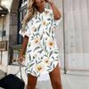 Women Plus Size Collared Neck Short Sleeve Ginkgo Leaf Printed Button Front Curved Hem Shirt Dress White Green