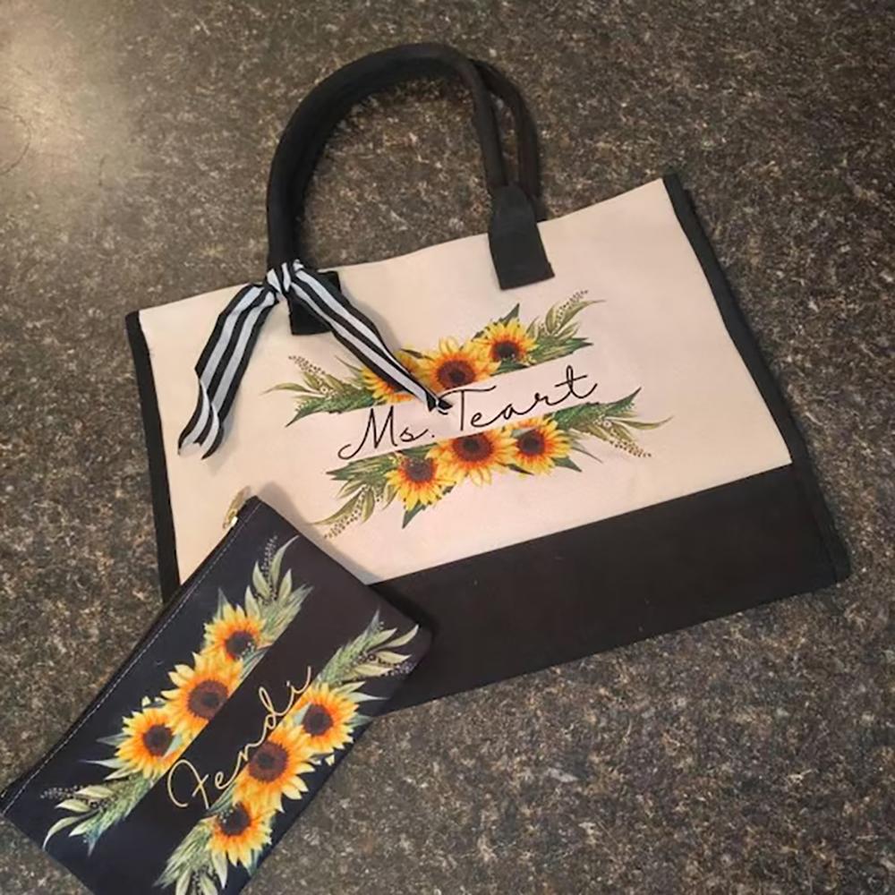 Personalized Sunflower Tote Bag Floral Gift for Mom Teacher Grandma Sunflower Lovers Birthday Bridal Shower Honeymoon Trip Gift