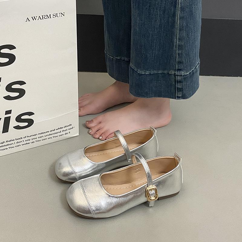 Inner heightening small fragrant style flat-soled single shoes women's retro imitation leather one-word buckle with round head French shallow mouth