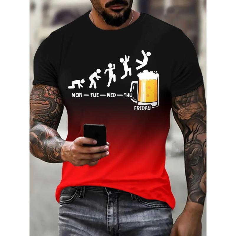 Men's Gradient Color Beer Graphic Print T-Shirt Short Sleeve Crew Neck Tee Vacation Casual Men's Clothing Summer Outdoor T-shirts