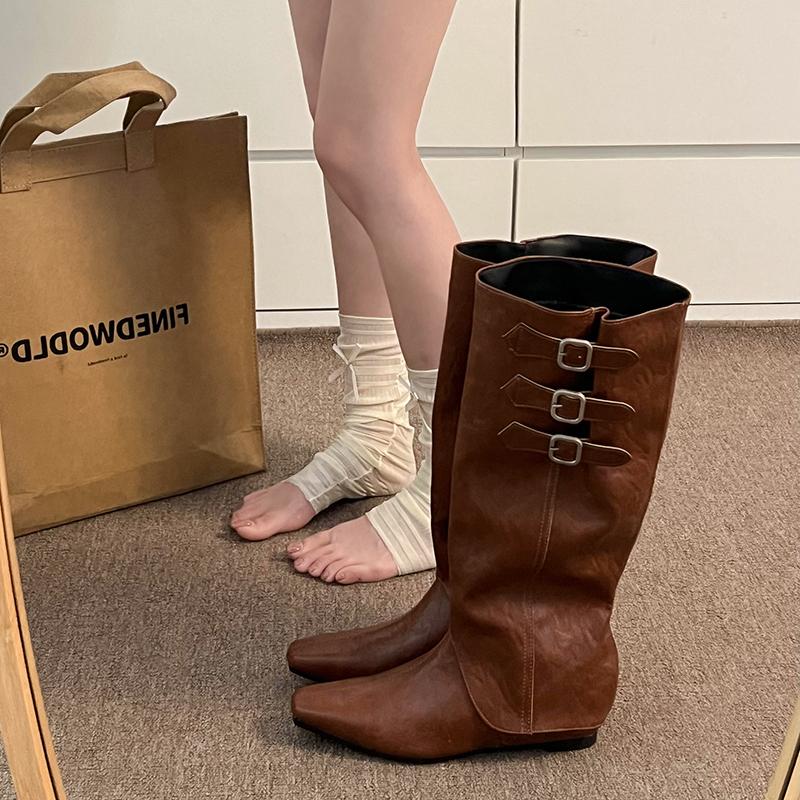 Cosy Soft Leather Women Knight Long Boots Fashion Button Combination Splicing Female Western Cowboy Booties