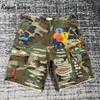 RogueWave Sommermode Camouflage Leder Buchstaben Washed Retro Jeans Shorts für Herren und Damen