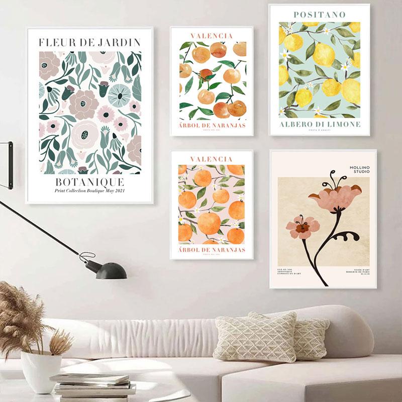 Abstrakte Zitronen-Blumen-Auge-Orange-Poster und Drucke, Vintage-Pflanzen-Wandkunst, Wandbilder für Wohnzimmer-Dekoration, Leinwandgemälde