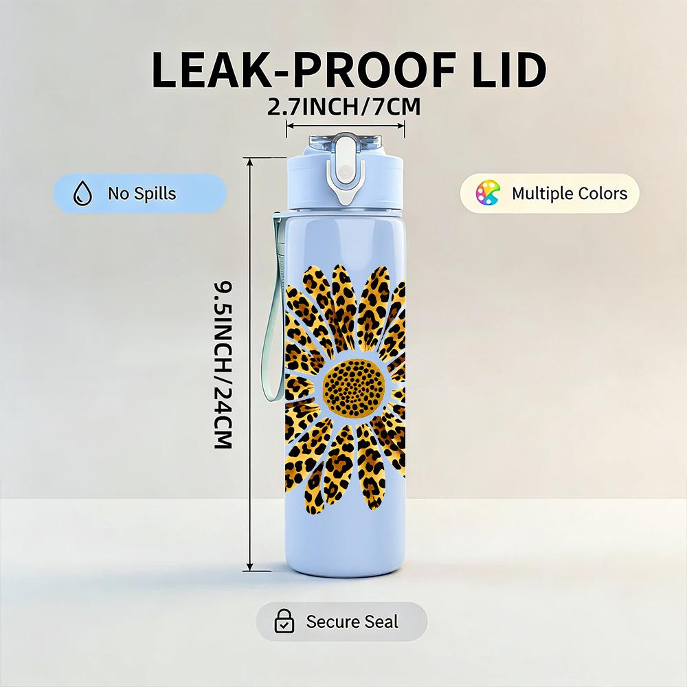 1PC Leopard Sunflower Bloom Graphic,750ml Color Plastic Sports Water Bottle,Leakproof Flip Straw Lid,Suitable for Sports Office Home Use