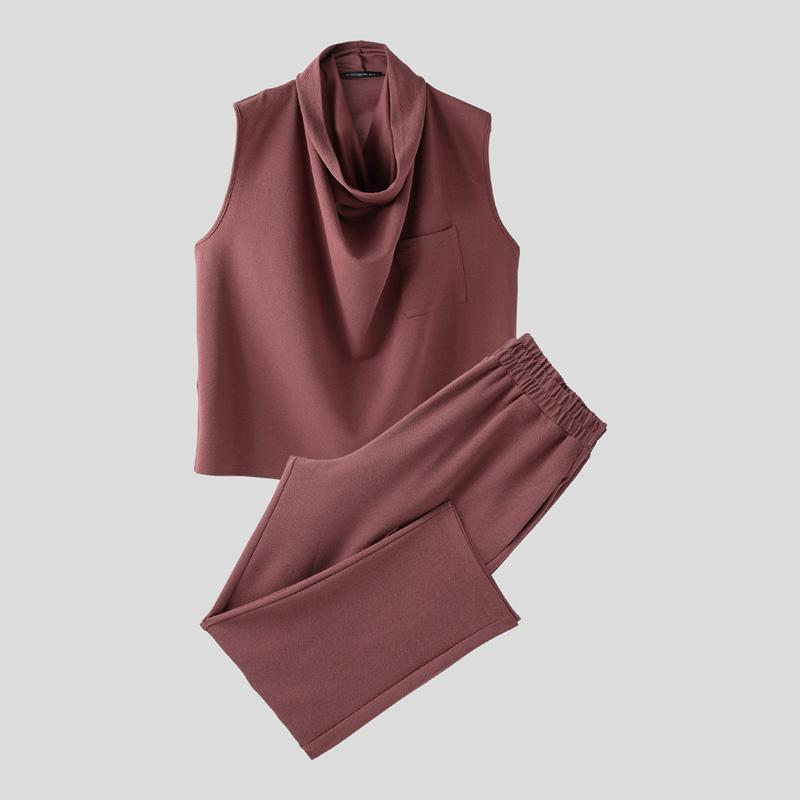 

INCERUN Комплекты из двух предметов Большого размера Мужские С отложным воротником Без рукавов Майки Длинные брюки Наряды M камео розовый