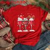 Women Christmas Print T‑Shirt O‑Neck Short Sleeve Regular Fit Polyester Casual Holiday Tee Top