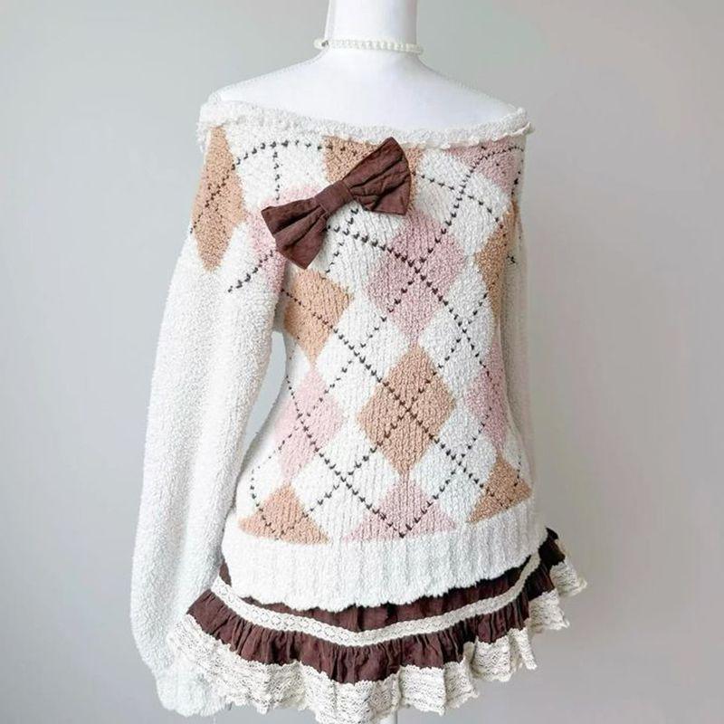 Trendy Plaid Knit Off-Shoulder Ruffle Sweater