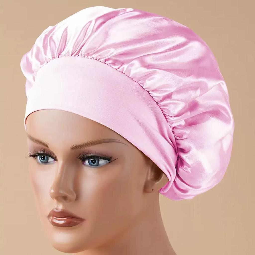 Faux Silk Satin Stretch Sleep & Shower Cap - Narrow Brim Round Cap for Hair Care