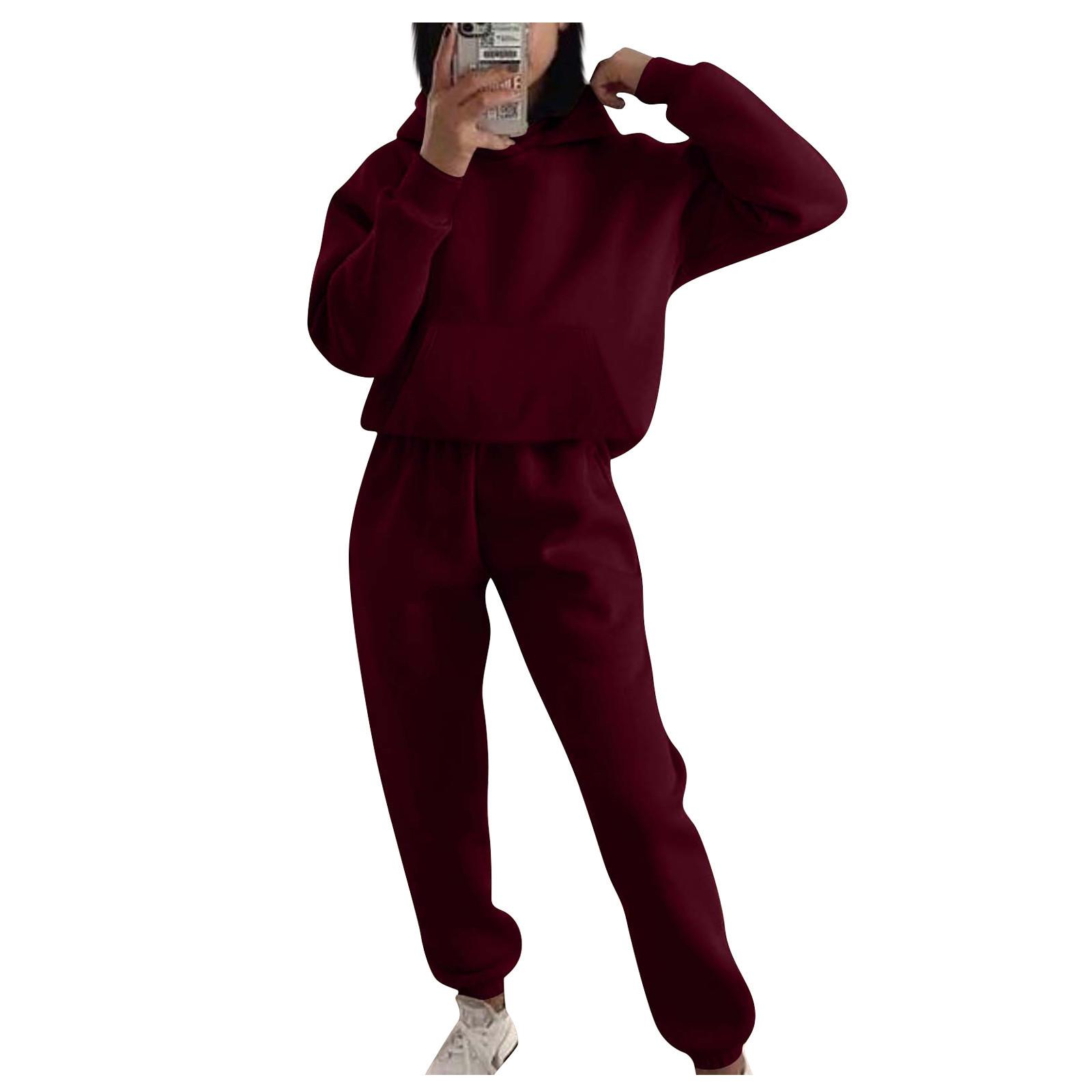 

Летний женский однотонный топ с капюшоном и длинными рукавами, повседневные эластичные брюки с карманами, спортивный стиль для тренировок, свободный мягкий комплект из двух предметов XXL винный