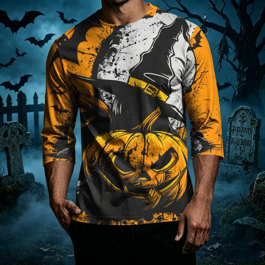 Men's Casual Halloween Print Crew Neck Three Quarter Sleeve T Shirt with Witch Bat and House Graphic for Holiday Theme