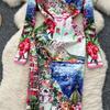 Spring Autumn Women Designer Vintage Print Runway Dresses O-neck Long Midi Office Party Slim Pencil Dress