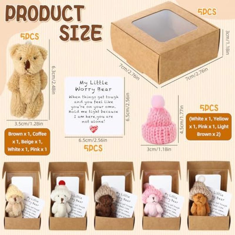 Set of 5 pocket-sized cuddly teddy bears, featuring mini plush teddy bears with a card and gift box – the perfect little gift for women or colleagues