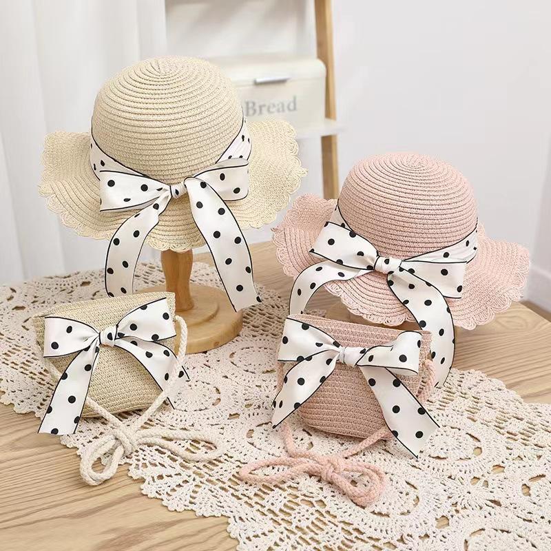 Summer children's straw hat wavy lace straw hat bag two-piece set foreign style cute flower sunscreen sun hat